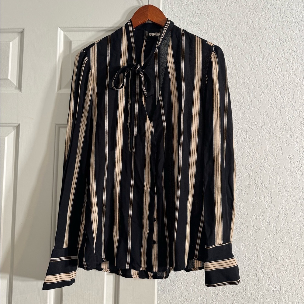 Reformation Black and Cream Striped Tie-Neck Blouse